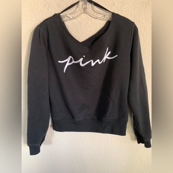 Pink Victoria’s Secret Logo Black Wide Neck Cropped Long Sleeve Sweatshirt - Picture 3 of 13